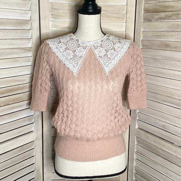 Manoush Ballet Pink Pointelle Open Knit Lace Collar Sweater Mohair S - Picture 3 of 9